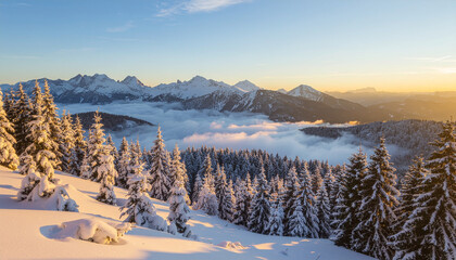 Snow-covered pine trees on a mountain slope are bathed in warm sunrise light. A layer of mist fills the valley below the jagged peaks.