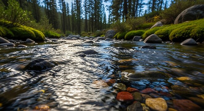 Peaceful forest stream flowing over rocks sunlight reflecting on water lush greenery - Powered by Adobe