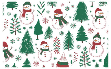 Whimsical winter wonderland featuring charming snowmen and festive evergreen trees creates a delightful holiday pattern perfect for festive designs and seasonal decor.