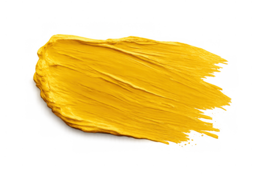 Yellow acrylic paint stroke with thick texture creating an artistic brushstroke on transparent background