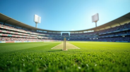 Empty cricket stadium with wickets and green grass under a clear blue sky