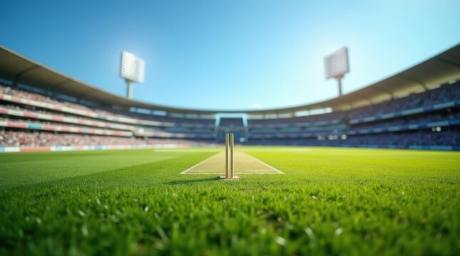 Empty cricket stadium with wickets and green grass under a clear blue sky