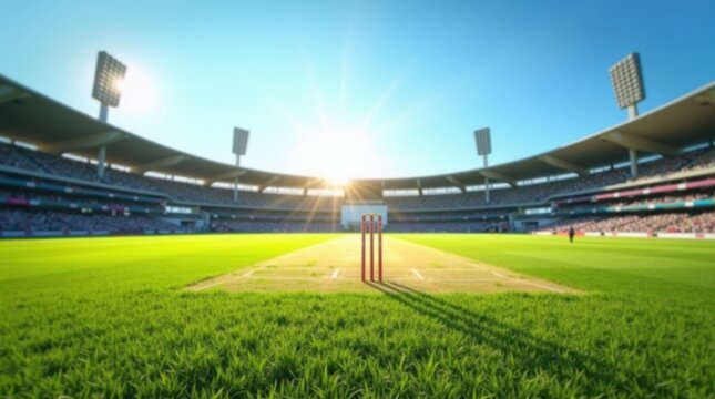 Empty cricket stadium with wickets and green grass under a clear blue sky
