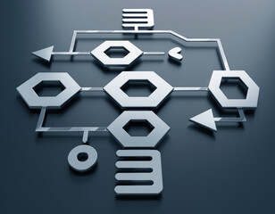 Visualized Progression: A stylized 3D representation of a network, composed of interconnected hexagonal nodes and branching pathways, designed to illustrate concepts like workflows, data flow.