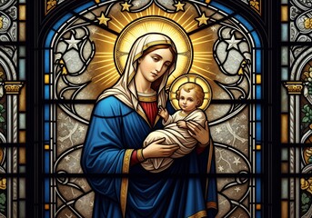 Fototapeta premium Stained Glass Nativity — Virgin Mary Holding Baby Jesus with Halo Motifs