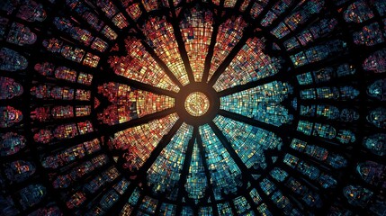 Abstract Colorful Stained Glass Dome, Radiating Light, Spiritual, Artistic, Architectural Detail.