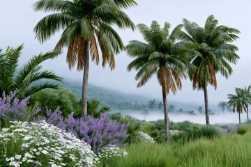 Fototapeta premium Tropical palm trees and flowers in a foggy landscape