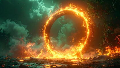A burning portal against a cloudy backdrop, illuminating a landscape. A large flaming ring frames a sky