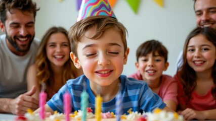Young boy birthday cake blowing candle wearing party hat with smiling family celebrating joyful birthday party celebration - Powered by Adobe