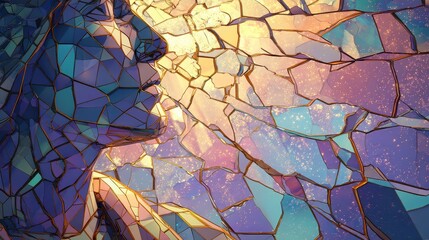 Abstract Fractured Portrait:  Mystical, iridescent gemstone mosaic with gold detailing.