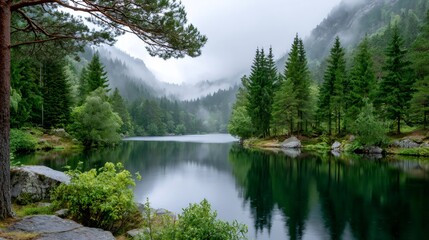 Foggy forest lake reflecting green trees and mountain