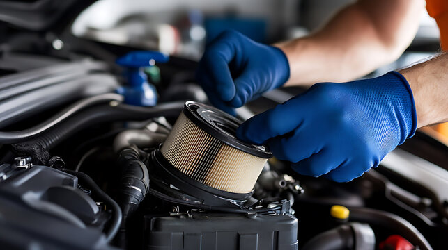 Mechanic replacing air filter with gloved hands. Engine maintenance ensures peak vehicle performance, enhancing fuel efficiency and longevity. DIY car care.