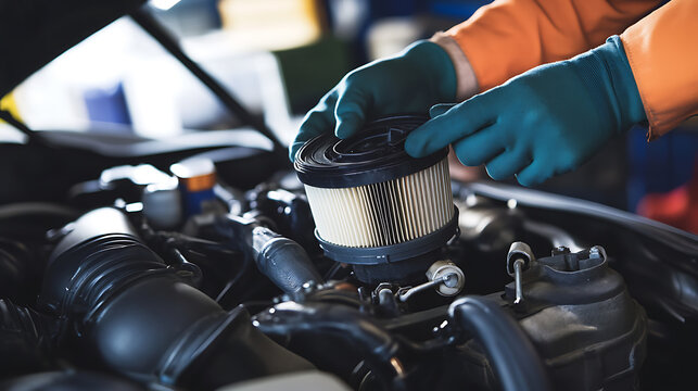 Mechanic replacing a car's air filter. The image shows hands in teal gloves carefully positioning the new filter above the engine, ensuring clean airflow & engine health.