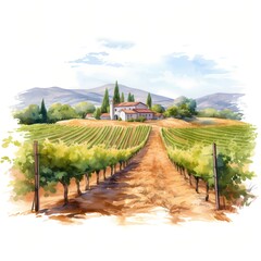 Obraz premium Vineyard landscape with a farmhouse nestled amongst the rolling hills