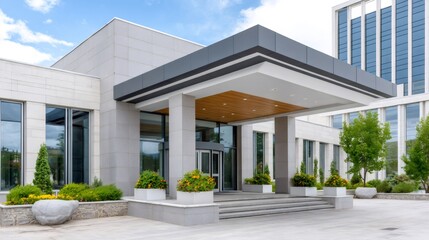 Modern office building entrance with landscaped exterior and architecture