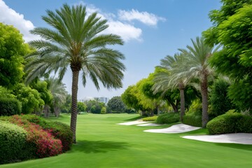 Golf course fairway with palm trees and sand traps