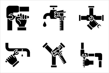 Pipe repair linear icon set, plumbing, pipe and wrench. vector illustration on white background
