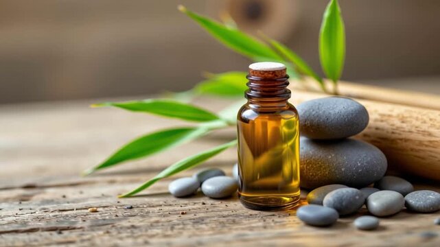 Relaxing essential oil bottle spa stone bamboo leaf calming amber soothing wellness aromatherapy wooden table stacked massage stones creating calm