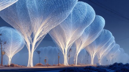 Ethereal glowing trees line a futuristic highway at dusk, creating a serene and otherworldly landscape.