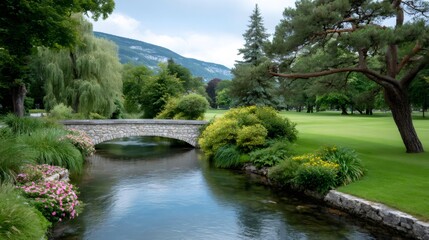 Golf course river with stone bridge and mountains