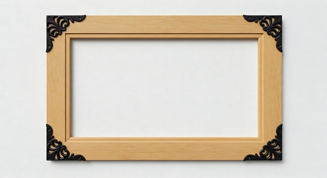 Elegant empty wooden picture frame featuring decorative black metal corner details, set against a pristine white wall, offering a blank canvas for photos or art display
