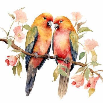 Two sun parakeets perched on a flowering branch