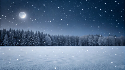 Enchanting winter night landscape with a full moon shining over a snow covered forest and field