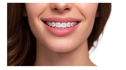 Smiling woman with braces showing her teeth, promoting dental health and orthodontic treatment benefits