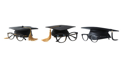 Stylish graduation caps with glasses, modern academic themes, preparation for graduation event or ceremony