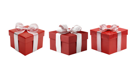 Three Elegant Red Gift Boxes with White Ribbons Perfect for Celebrations and Special Occasions
