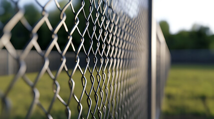 A chain-link fence stretches across a grassy field, creating a boundary between spaces. The mesh pattern blurs into the background, suggesting security and enclosure.
