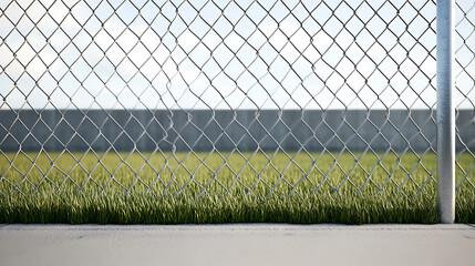 A close-up view through a wire fence, showcasing a grassy field and concrete barrier, captured under a clear sky. The image emphasizes the contrast between confinement and nature.