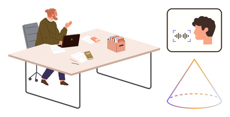 Man seated at desk with laptop and documents, image of head with sound waves, and acoustic cone diagram. Ideal for technology, communication, AI, innovation, research, workplace presentations