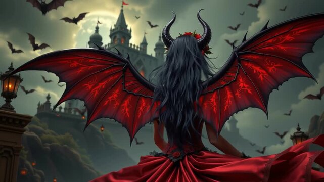 Dark demoness with horned bat wings in red gown and corset, gothic castle night, moonlit sky, bat swarm, rose crown, mysterious dramatic atmosphere