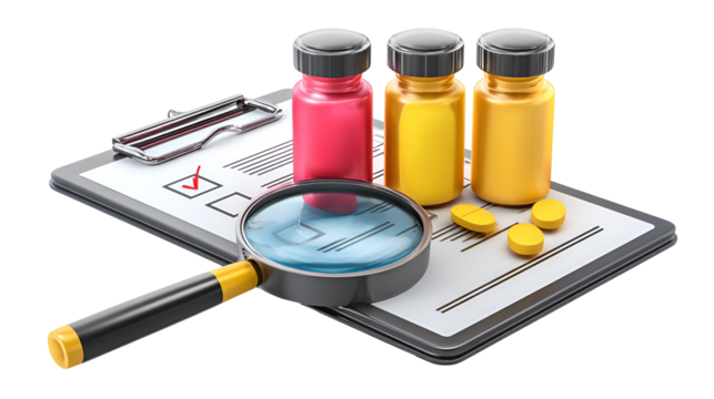 Medical laboratory research clipboard with vials and magnifying glass isolated on transparent background