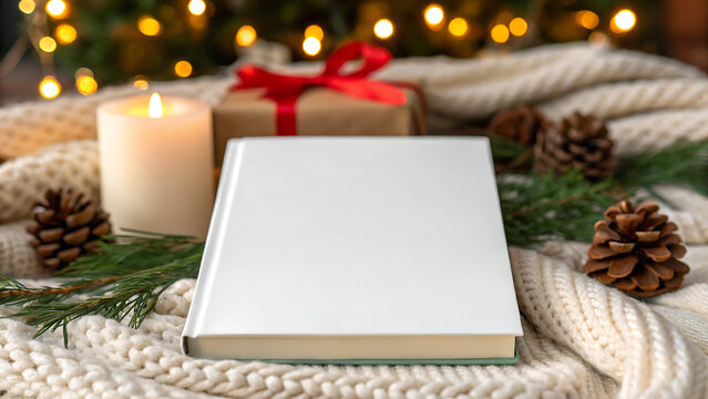 Cozy christmas scene with a blank white book for your holiday message or gift personalization