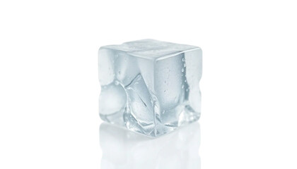 realistic melting ice cube, high detail water droplets, soft refraction, clear transparency, isolated object PNG style, studio light reflections.
