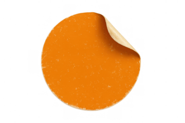 Round orange sticker with peeled corner showing adhesive backing, blank circular label, old paper texture, transparent background