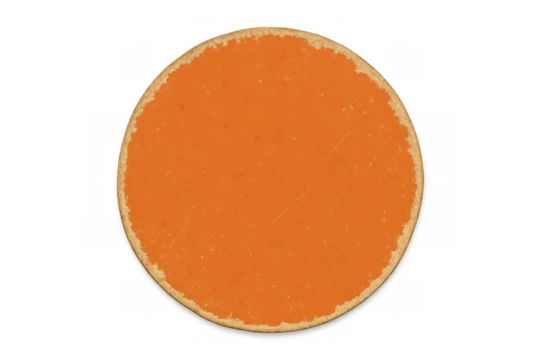 Round drink coaster with an aged orange surface and visible wear on its cork edge, isolated from top view