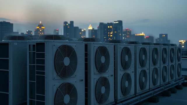 Row of air conditioning units on a rooftop with city skyline at dusk