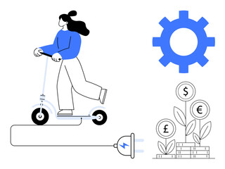 Female on an electric scooter, charging plug, blue gear, and money plants with currency symbols. Ideal for sustainability, innovation, eco-transport, green technology, economy energy use