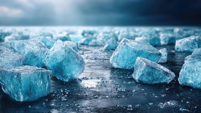 Dynamic background of broken ice in dark concept. Beautiful icy landscape featuring blue icebergs and ocean.