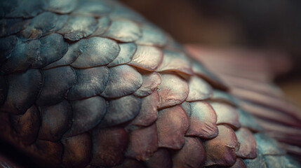 Close up view of overlapping scales in shades of blue gray and pink on a textured surface