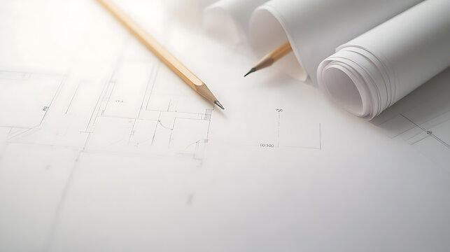 Blueprint for Success: A focused image capturing the details of architectural drawings. Pencils and paper signify the start of a creative journey, planning and precision.