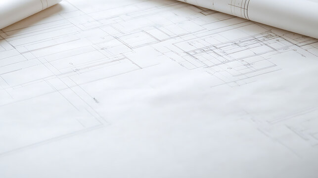 Architectural blueprint unfolds with geometric precision, a testament to planning and design. Rolled schematics rest atop, hinting at the detailed work involved.