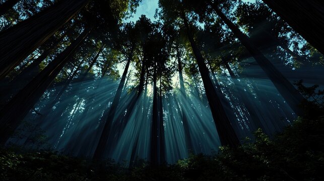 Upward perspective through a dense forest canopy reveals sunlight beams filtering through tall trees and lush undergrowth