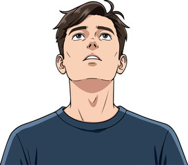 Young Man Looking Up In Blue T-shirt Isolated Pixel Art Style