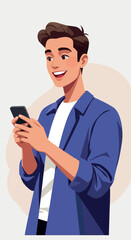 Young Man Smiling Using Smartphone With Blue Shirt Isolated