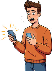 Young Man Shocked By Phone Notification In Orange Sweater Flat Design