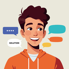 Young Man With Orange Hoodie And Speech Bubbles Discussing Solution